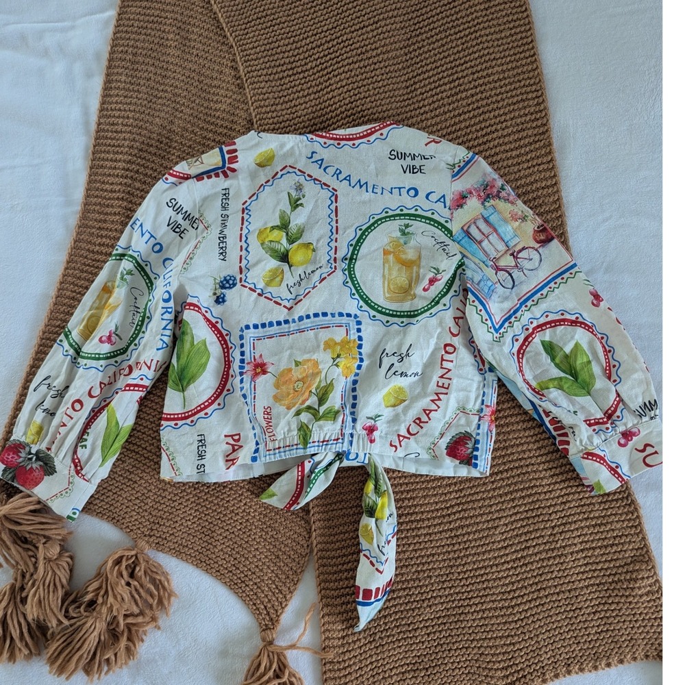 Joie Mixed Print Tie Front Cropped Button Up Blouse Women's Size 6 Linen Blend - Picture 2 of 8
